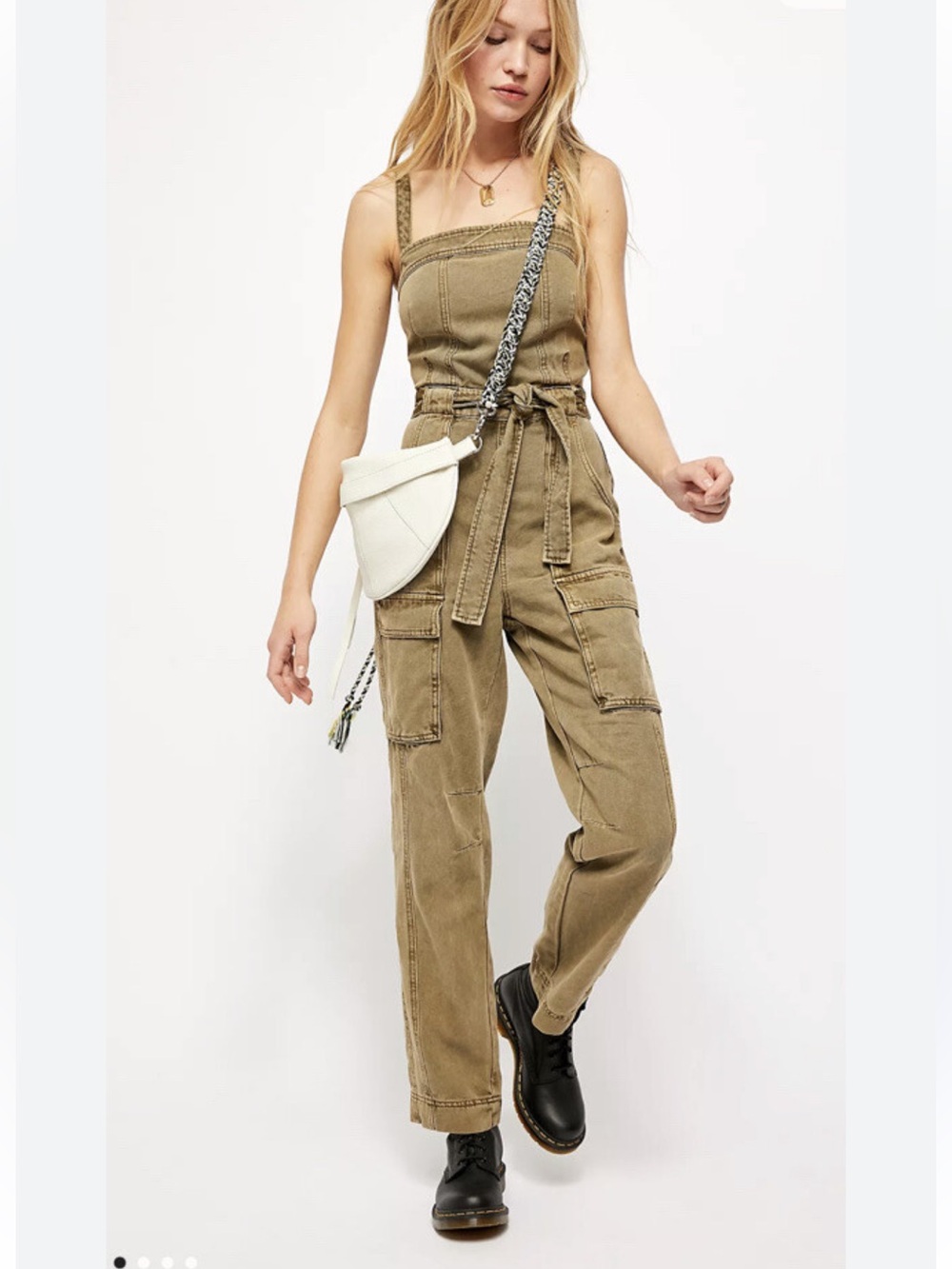 Free People Olive Utility Denim Jumpsuit with Belt
